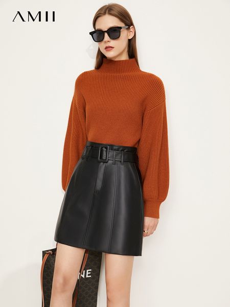 

women's sweaters amii minimalism sweaters women autumn fashion solid casual mock neck loose lantern sleeve pullover knitted 12241241 23, White;black