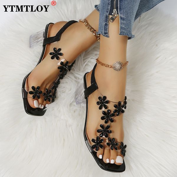 

sandals summer women sandals pvc crystal flower decoration chunky heel peep toe back strap elastic band elegant fashion shoes ladies 5 23030, Black