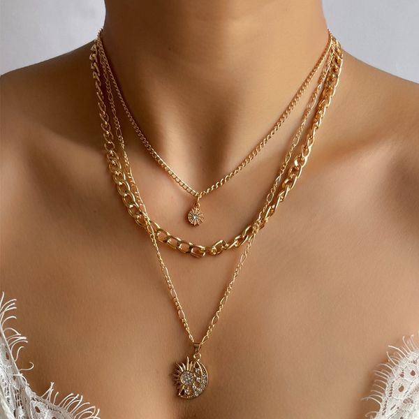 

Personality punk wind sun moon pendant ins wind thick chain alloy folding necklace women wholesale