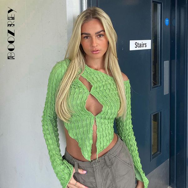 

women's tshirt boozrey summer irregular long sleeve hollow casual green folds y2k t shirt skew collar streetwear tees 230306, White