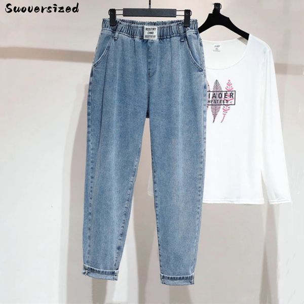 

women's jeans oversized 5xl vintage harem jeans women baggy pants straight denim capris elastic high waist pantalon streetwear casual v, Blue