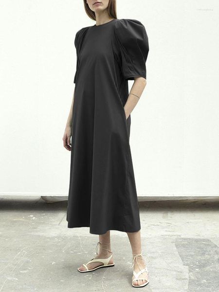 

casual dresses loose solid party vestidos women long shirt dress bohemian short puff sleeve fashion summer o-neck robes, Black;gray