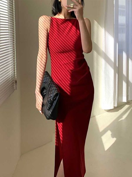 

casual dresses summer elegant women white sleeveless bodycon dress 2021 vintage slim waist side split solid tank dress female vestidos z0216, Black;gray