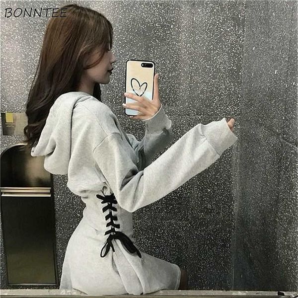 

casual dresses long sleeve dress women gray classy slim popular stylish allmatch ins crisscross mini vintage solid hooded empire spring dail, Black;gray