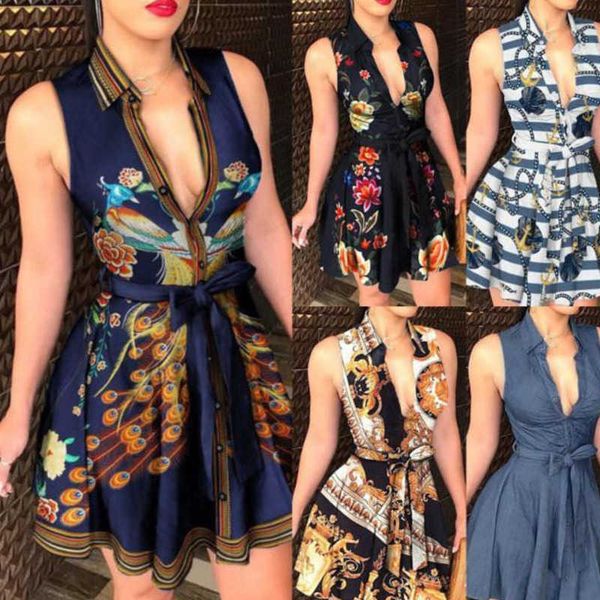 

2023 spring summer casual dresses 3xl women lace up button down chain printed lapel neck party dress bandage skirts, Black;gray