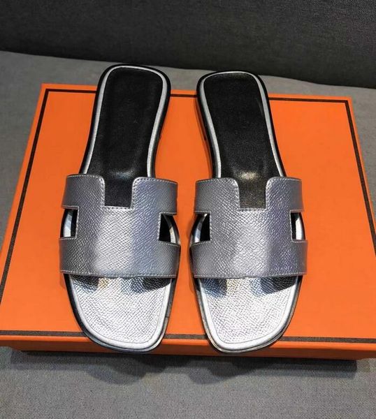 

designer slippers classic sandals genuine leather fashion shoes ladies slipper beach flat heel flip flops with dustbag size 35-42, Black