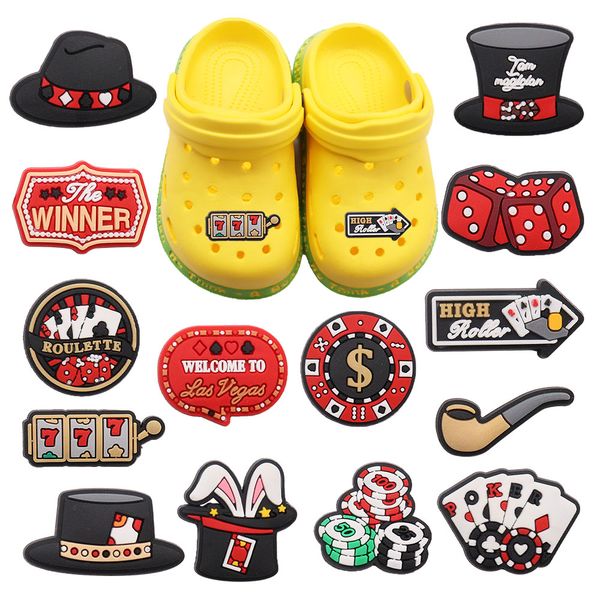 

wholesale 100pcs las vegas poker pvc magical hat shoe designer accessories buckle for croc jibz button clog backpack, White;pink