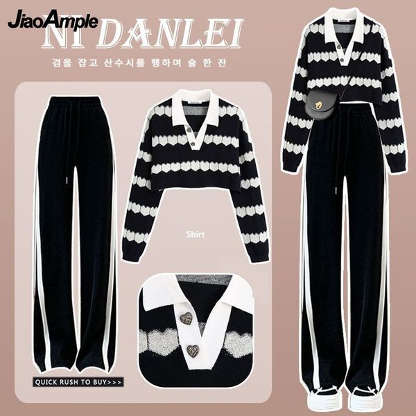 

women's two piece pants autumn winter suit korean elegant chic short knit sweater wide leg female fashion matching set 230303, White