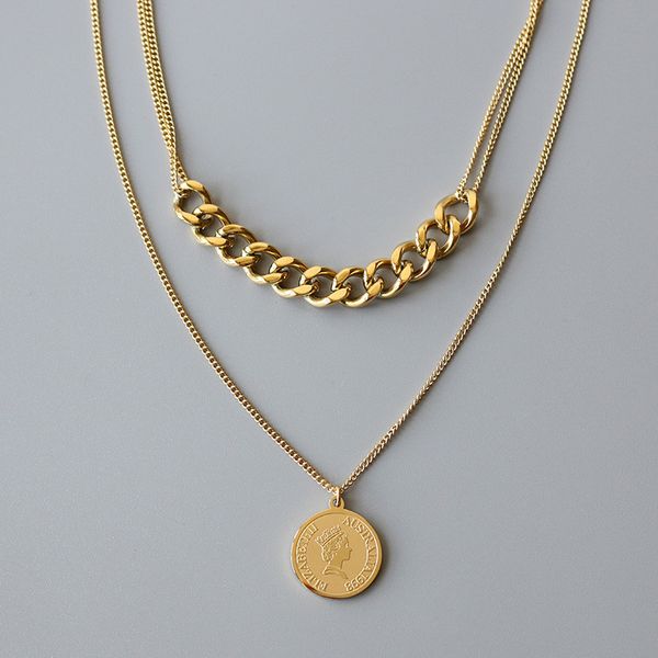 

Fashion queen portrait titanium steel necklace women's double layer vintage long sweater chain metal chain jewelry wholesale