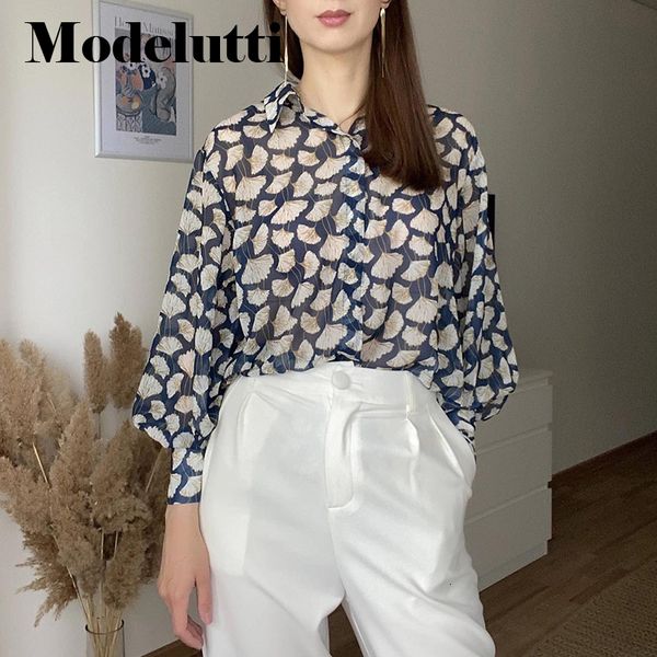 

women's blouses shirts modelutti autumn blouse women england style cozy fashion elegant leaf printing loose silk loose blusas mujer de, White