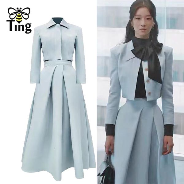 

two piece dress tingfly high street koren drama eve fashion 2 pieces set vintage elegant short blazer coats midi a line skirts outfits 23030, White