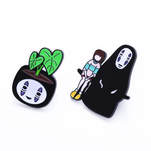 

japan anime spirited away brooches for girls cartoon figure enamel pins faceless man badges green plant alloy fashion jewelry gift accessori, Gray
