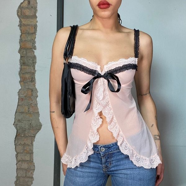 

women's tanks camis fairycore y2k lace trim split camisole 2000s retro cute front tie bow mesh crop sweet girl vintage backless vest c, White