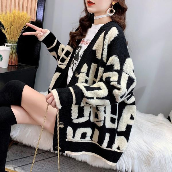 

women's knits tees winter knitted letter cardigan sweater coat thickened cute cartoon embroidery vneck women's jacket 230306, White