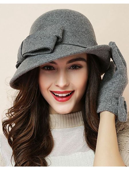 

wide brim hats bucket women party formal headwear lady winter fashion asymmetric bowknot 100 wool felt 230306, Blue;gray