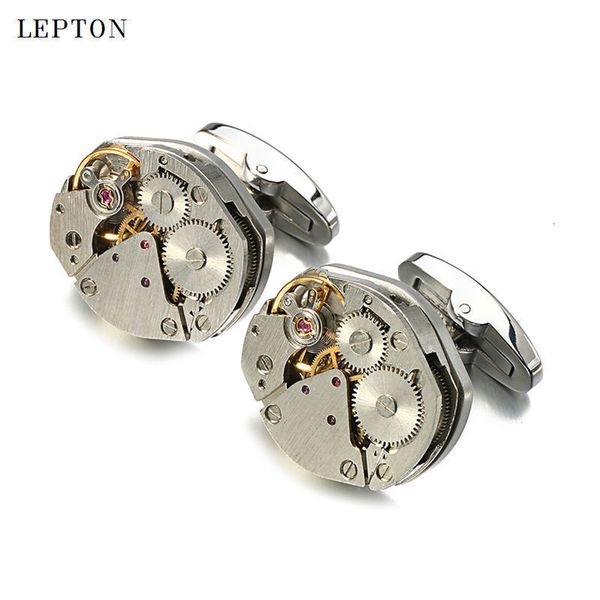 

cuff links est watch movement links for immovable stainless steel steampunk gear mechanism links mens relojes gemelos 230306, Silver