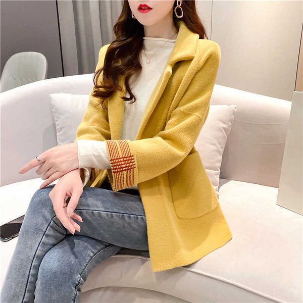 

double sided tweed coat autumn and winter new suit collar cuff color matching loose medium long women's knitted cardigan thick, Tan;black