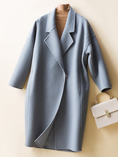 

women's wool blends doublefaced cashmere coat women's midlength autumn and winter hepburn style shaped loose woolen 230306, Black