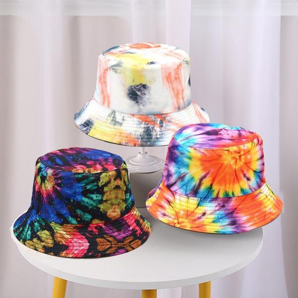 

wide brim hats bucket summer for woman suncap lipat two sides print tiedie tabir surya 230303, Blue;gray