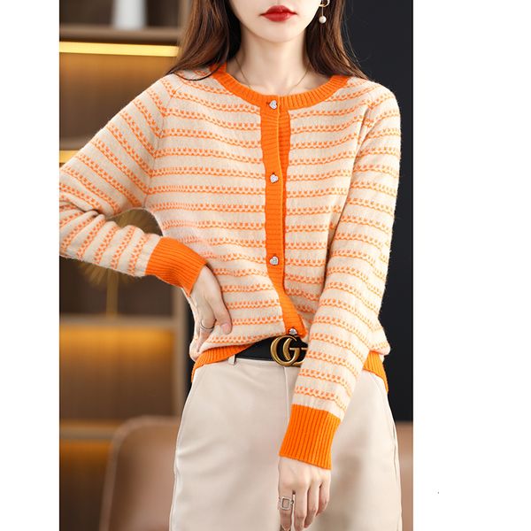 

women's knits tees autumn and winter 100 pure wool cardigan round neck striped long sleeve coat sweater loose knit 230306, White