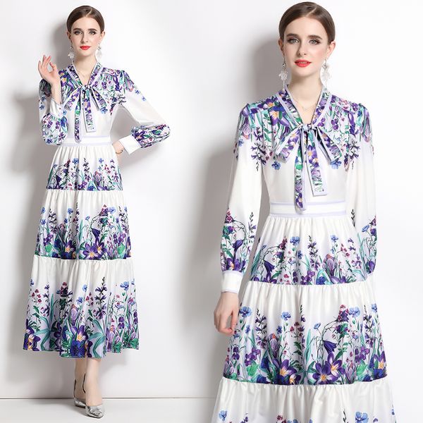 

long sleeve floral casual maxi dress 2023 women designer fine elegant bow flowers tie up collar holiday party empire wais dresses office lad, Black;gray
