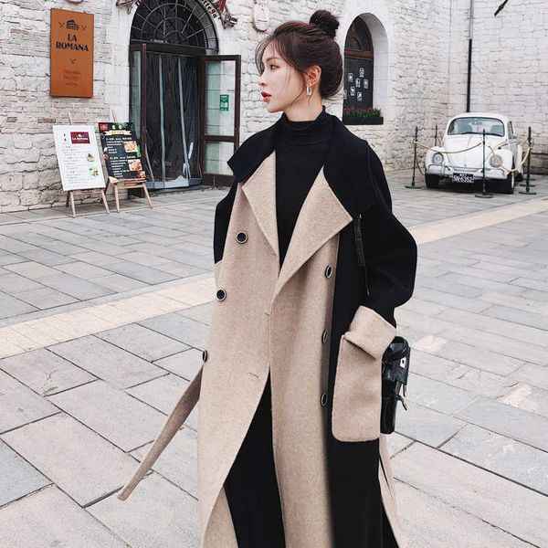 

women's color contrast 2021 new winter denim medium and long woolen coat hepburn style wool windbreaker, Tan;black