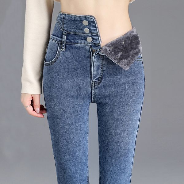 

women's jeans y2k leggings jeans women velvet thicken warm pencil pants casual high waist female korean thermal straight skinny denim t, Blue
