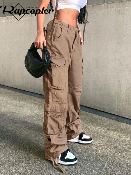 

women's pants capris rapcopter ruched big pockets cargo jeans retro sporty low waisted trousers light brown fashion streetwear denim jo, Black;white