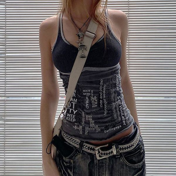 

women's tanks camis vintage y2k letter print camisole women gothic street trend contrast color stitching ins fashion girl slim tank 230, White