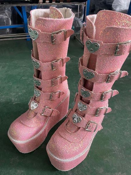 

boots brand design big size 43 black gothic style cool punk motorcycles boots female platform wedges high heels calf boots women shoes 23030