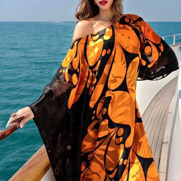 

casual dresses 2023 spring and summer new women's oblique shoulder dress bohemian dress print loose off shoulder long dress t230303, Black;gray
