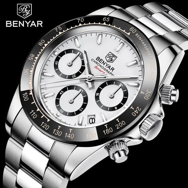 

wristwatches relojes hombre benyar watches men luxury brand chronograph male sport waterproof stainless steel quartz watch 230306, Slivery;brown