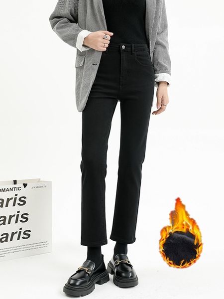 

women's jeans zhisilao winter high waist jeans women thick warm stretch skinny pencil pants female simple casual black trousers 230306, Blue