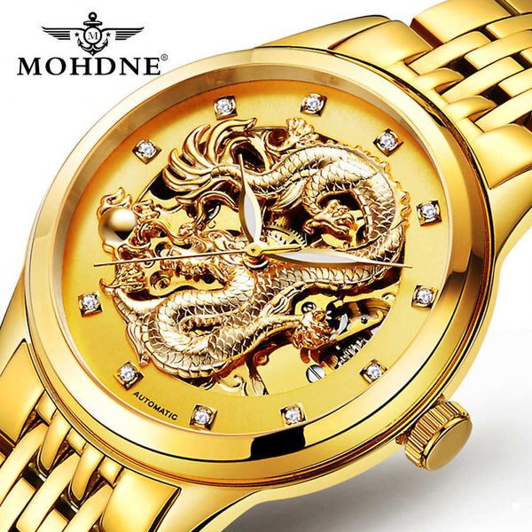 

motun brand watch leather multifunctional waterproof gold watch dragon watch full automatic mechanical hollow men's net red watch, Slivery;black