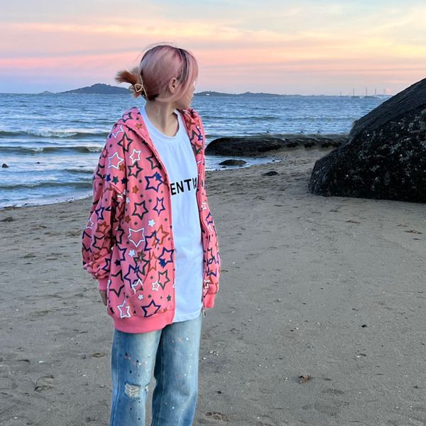 

women's jackets harajuku star printed hoodies high sreet zip up hooded sweatshirt skeleton hoodie y2k retro casual loose long sleeve hi, Black;brown