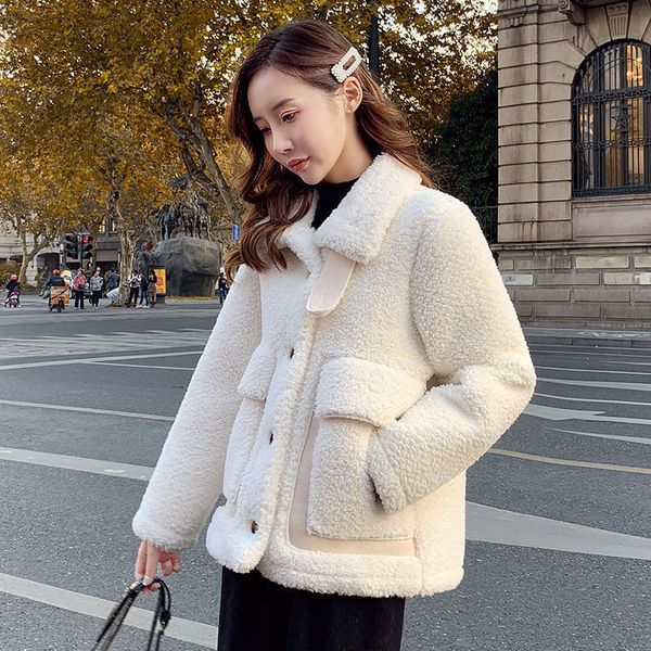 

women's wool blends korean fashion thick jacket 2023 warm winter sheepskin coat fur coats allmatch traf 230306, Black