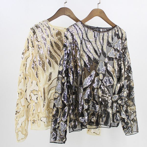 

women s blouses shirts vintage women party blouse tunic boat neck long sleeve beaded sequin lace mesh leaf pattern embroidered 230303, White