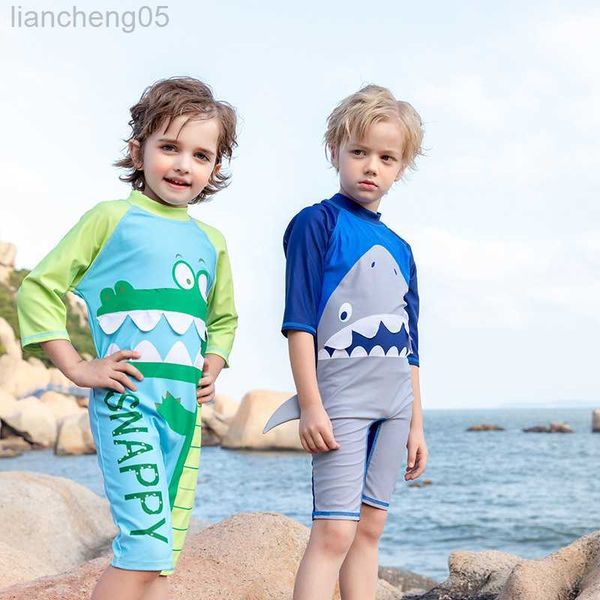 

one-pieces summer new boy swimwear one pieces swimsuit with cap short sleeve bodysuit kids bathing suit children swimsuit boys 2-11 years w0, Black
