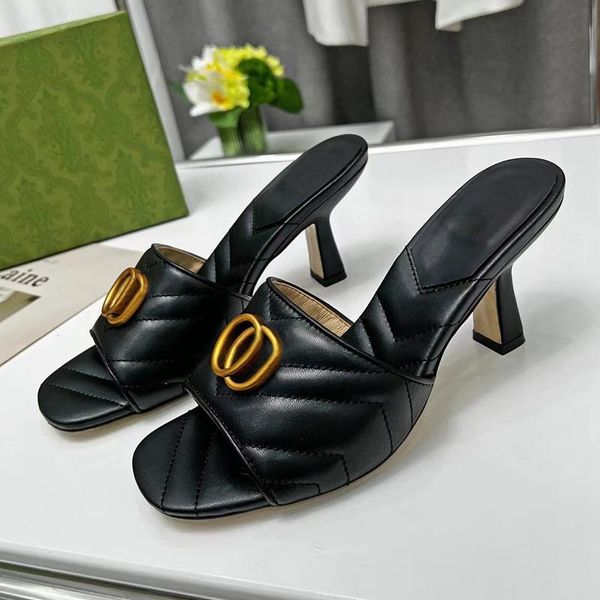 

2023 european and american style light luxury high-heeled women's slippers op08 flip-flops match comfortable breathable metal buckle fr, Black