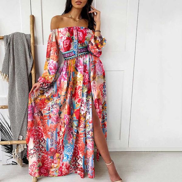 

casual dresses 2023 summer evening dress print dress off the shoulder pullover long sleeve large swing split dress t230303, Black;gray