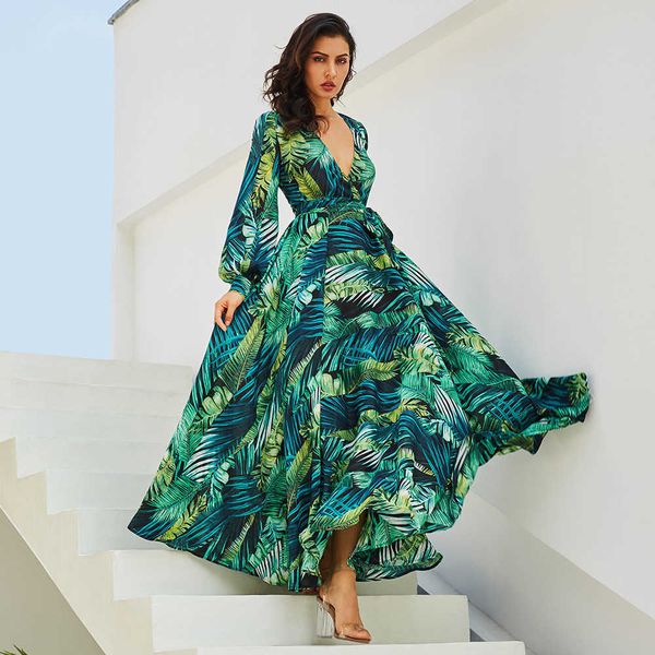 

casual dresses 2023 spring and summer new european women's dress beautiful dress lantern sleeve printing v-neck large leaf swing skirt, Black;gray