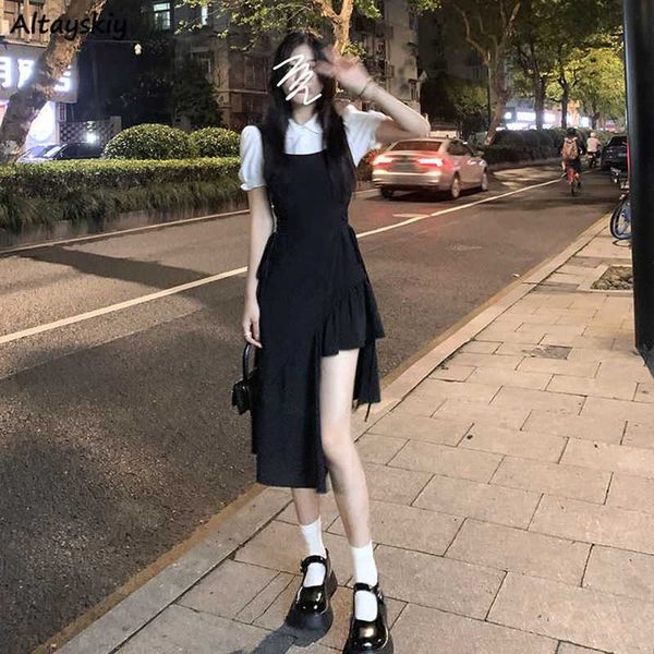 

casual dresses short sleeve dress women elegant ins streetwear sweet young ladies korean style patchwork fake two pcs college summer leisure, Black;gray