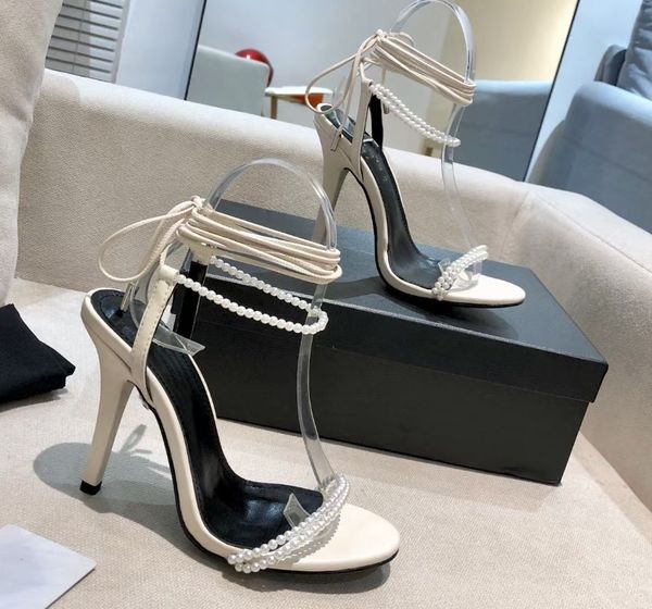 

fashion summer high-heeled women's sandals classic leather pearl decorative dance cross luxury designer wedding joker stiletto comfort, Black