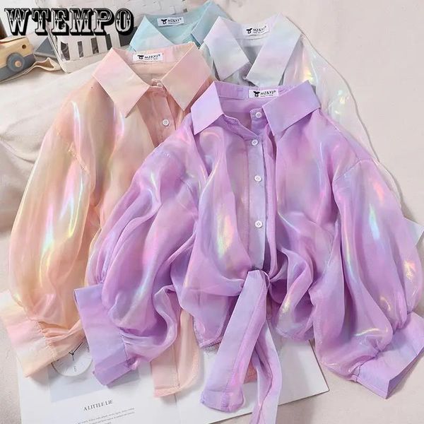 

women's blouses shirts rainbow shiny chiffon sun protection loose long sleeve cardigan thin coat casual women wholesale 230306, White