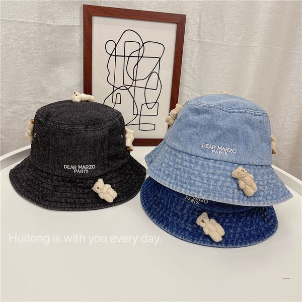 

wide brim hats bucket hats bucket hat bear doll letter embroidery cowboy fisherman hat mens and womens spring fashion creative sunshade hat, Blue;gray