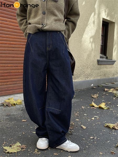 

women's jeans hanorange winter vintage arc high waist wide leg jeans women thickened warm loose casual trousers female dark blue 230306