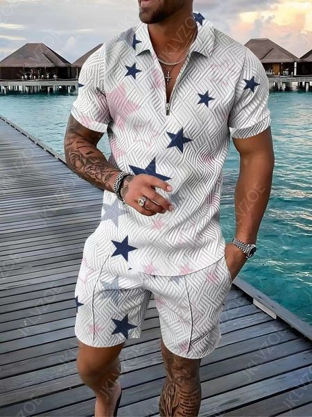 

men's tracksuits summer casual 3d print short sleeve zipper polo shirt suit fashion two piece set oversized tracksuit 230306, Gray