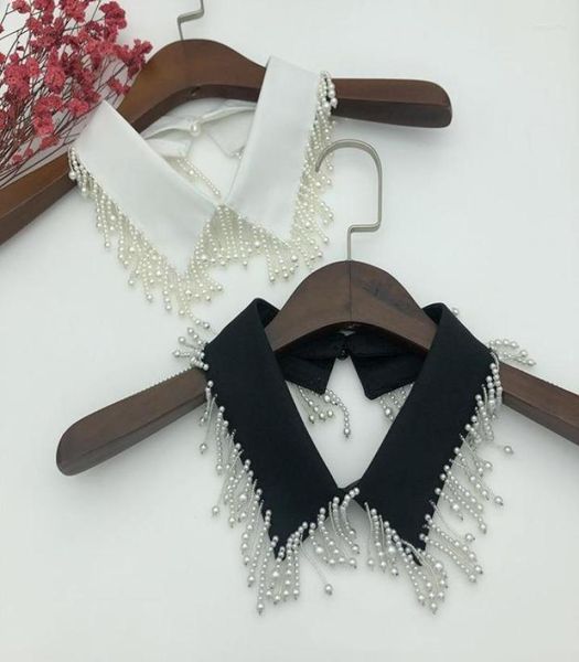 

bow ties women white fake collar handmade beads detachable solid color shirt false blouse vestidos neckwear decor donn225414024, Black;gray