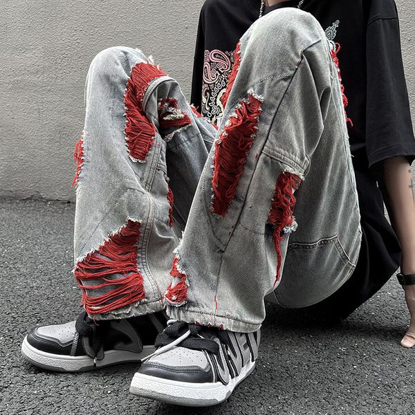 

men's jeans high streetwear mens jeans pants ripped loose fashion denim hip hop harajuku trousers 230303, Blue