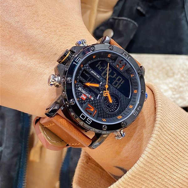 

wristwatches naviforce brand sports watches men leather waterproof male quartz digital dual wrist watch clock relogio masculino 230306, Slivery;brown
